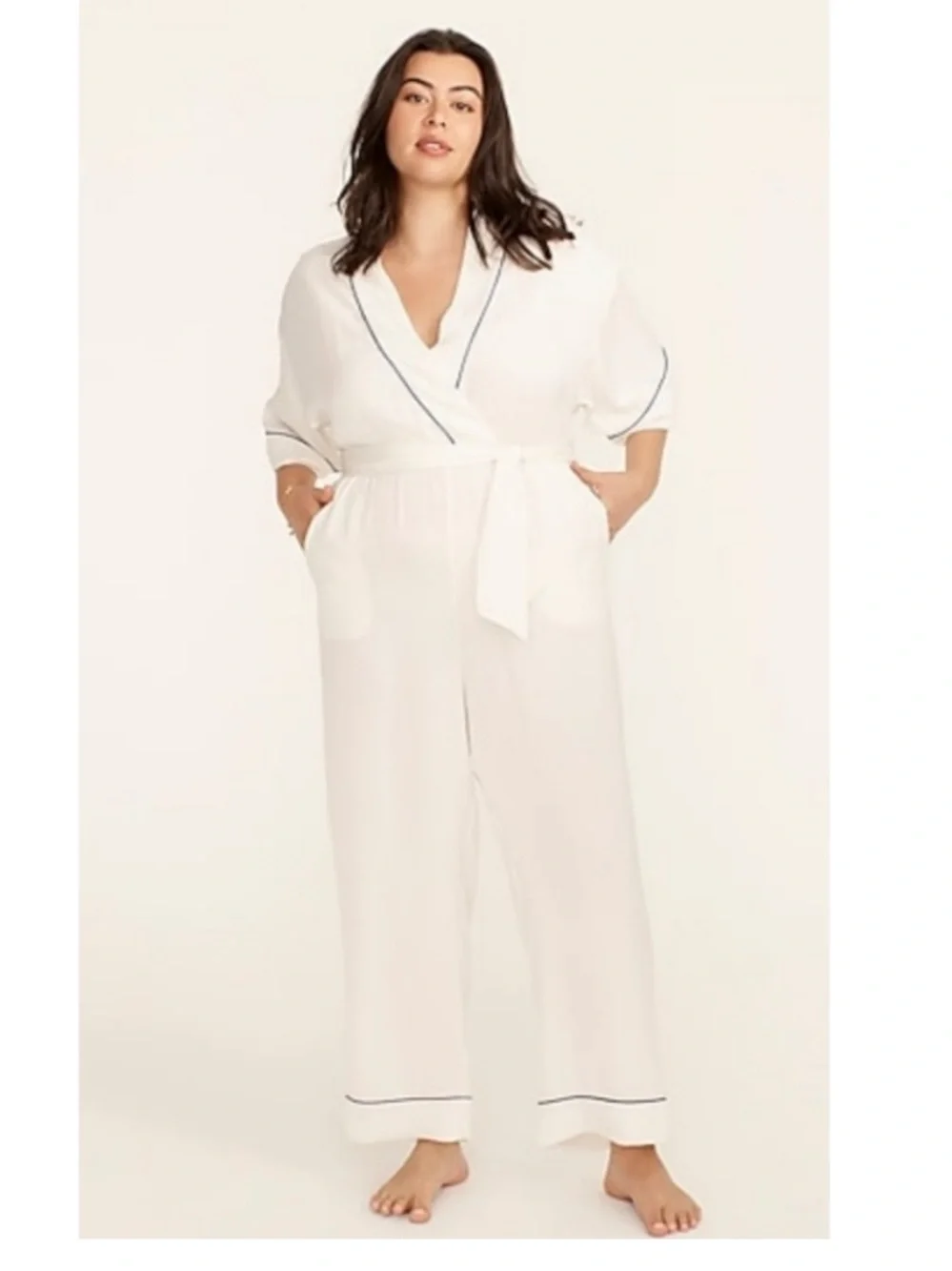 NWT J. Crew Easy-luxe Eco Jumpsuit White with Navy Trim Size Medium
